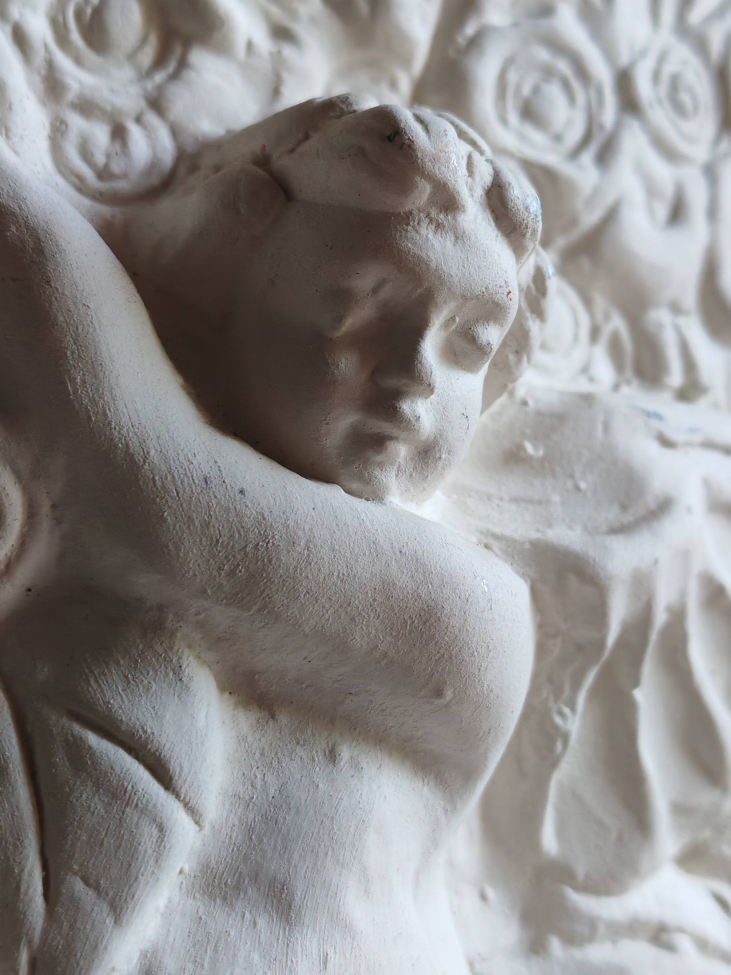 Angel Vase in White Plaster, Vintage Planter with Cherub and Flower Motif