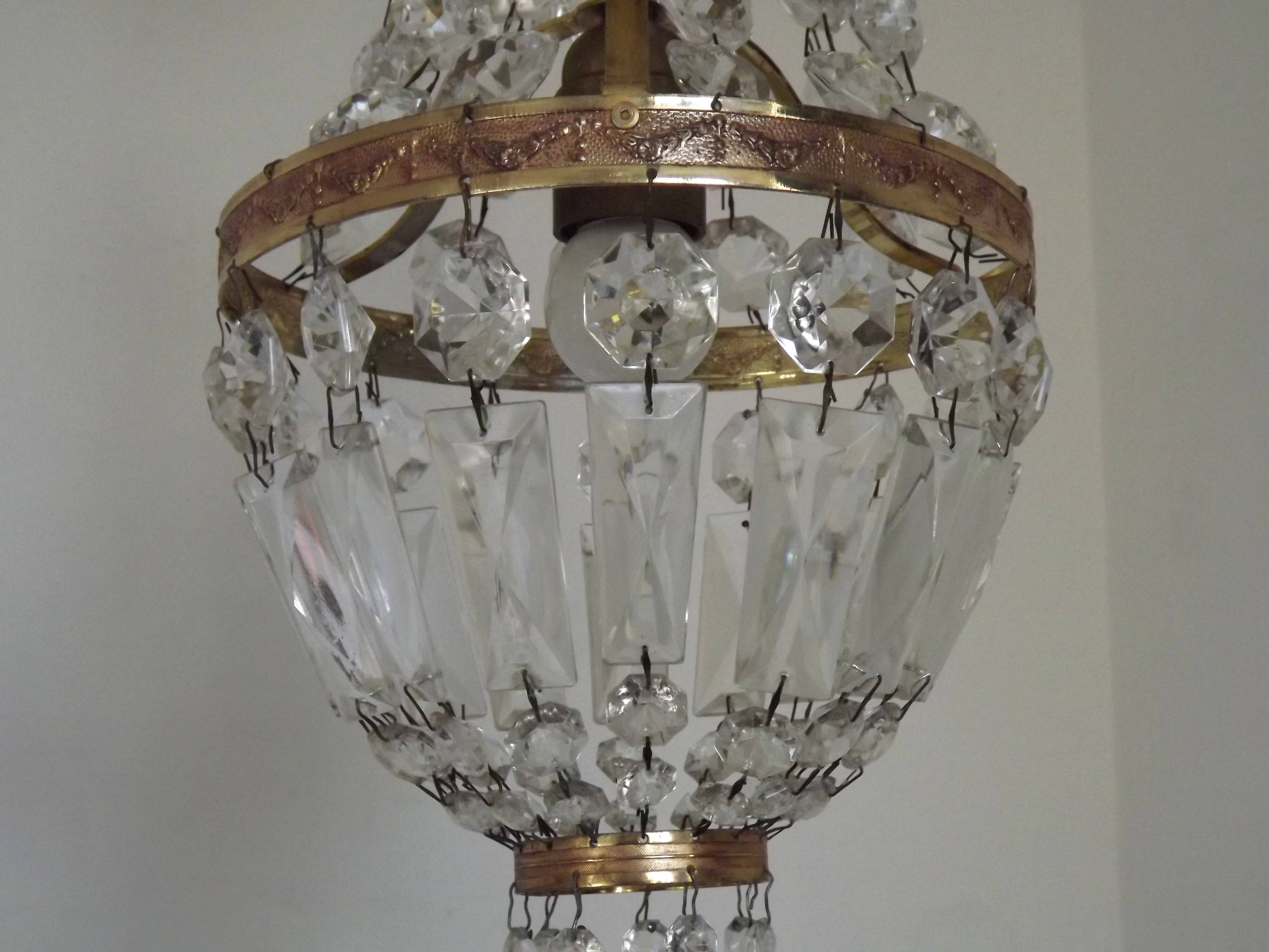 French Empire Style Bronze Single Montgolfier Crystal Basket Chandelier