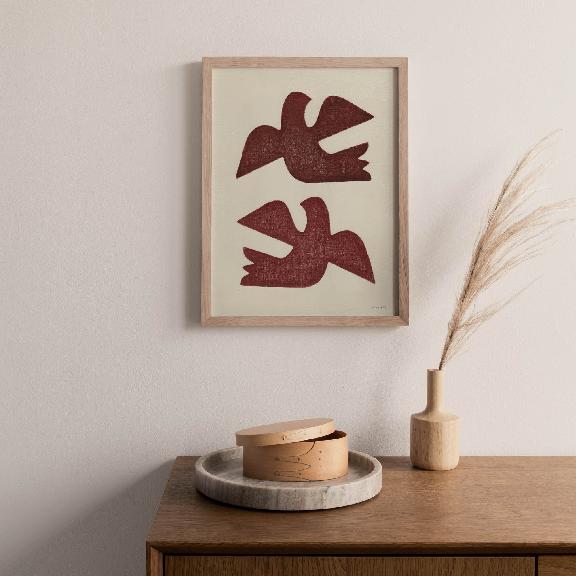 Birds painting - terracotta - signed Eawy