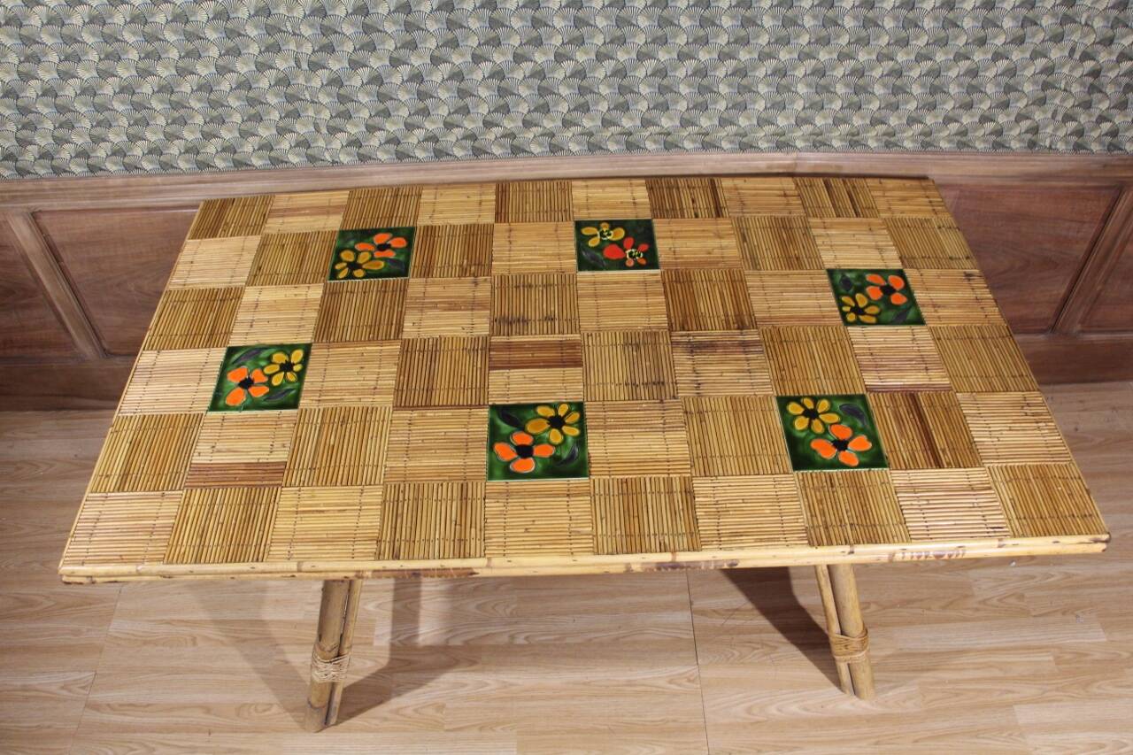 Rattan And Ceramic Dining Room Table Audoux Minnet attribution