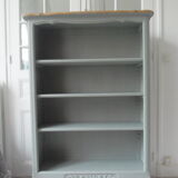 Louis XV style bookcase, green gray with 3 adjustable shelves, wooden tray.