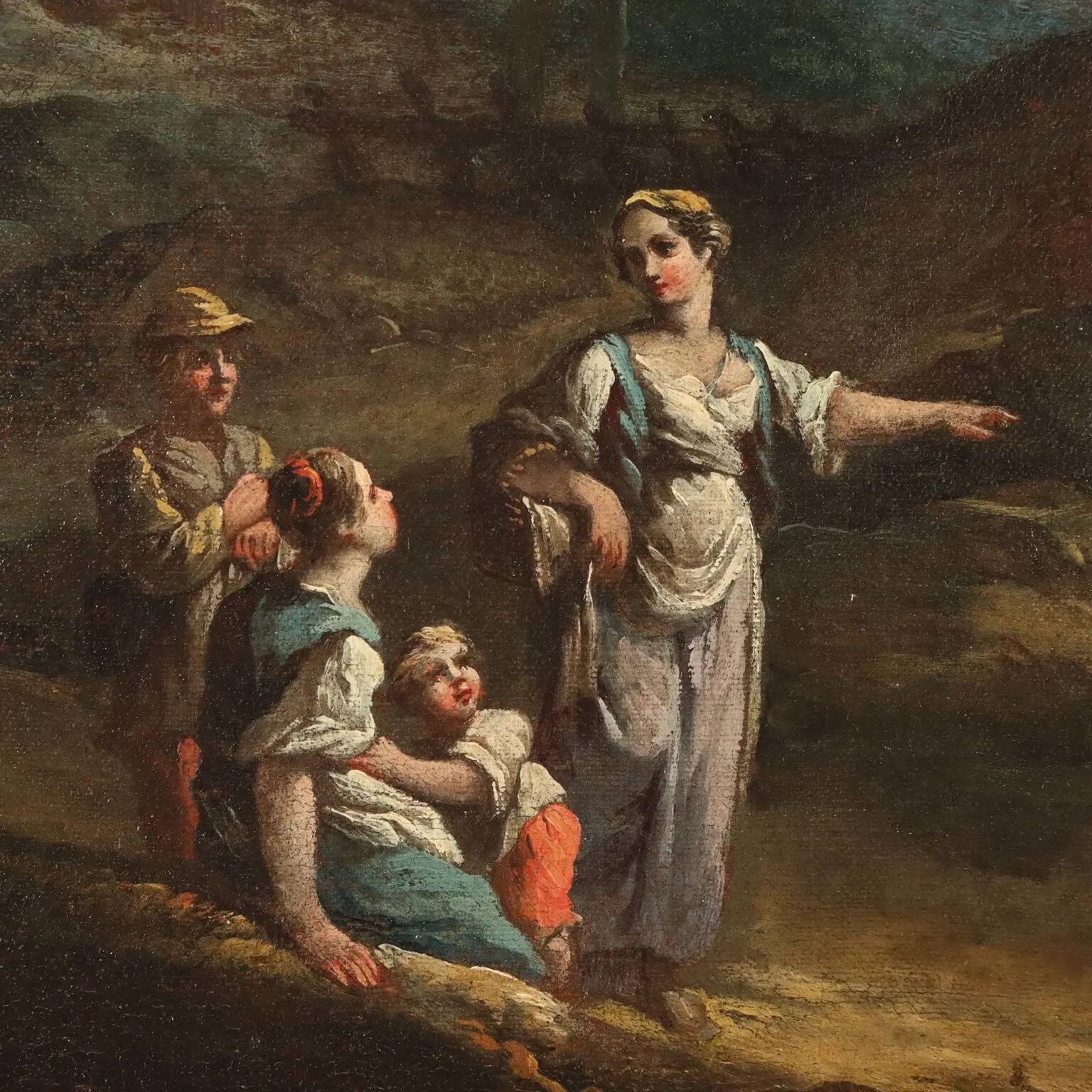 Peinture ancienne paysage avec figures, huile sur toile, XVIIIe siècle