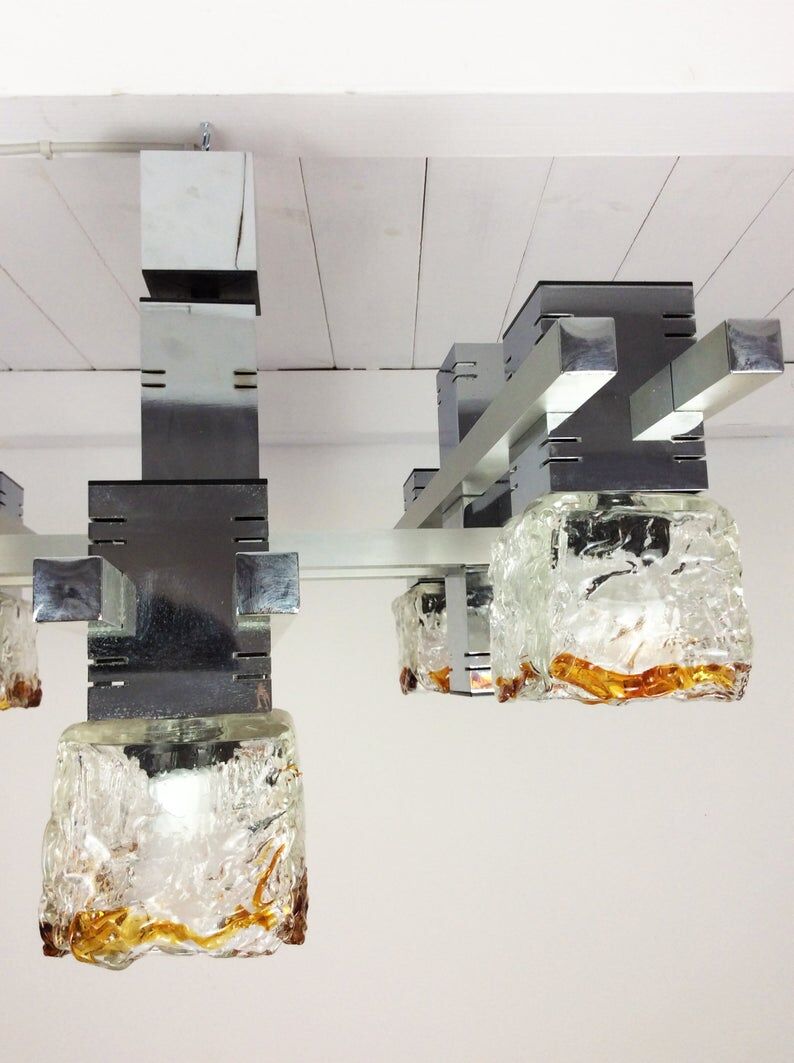 1970's cubic chandelier in chromed metal designed by Maison Sciolari for Mazzega