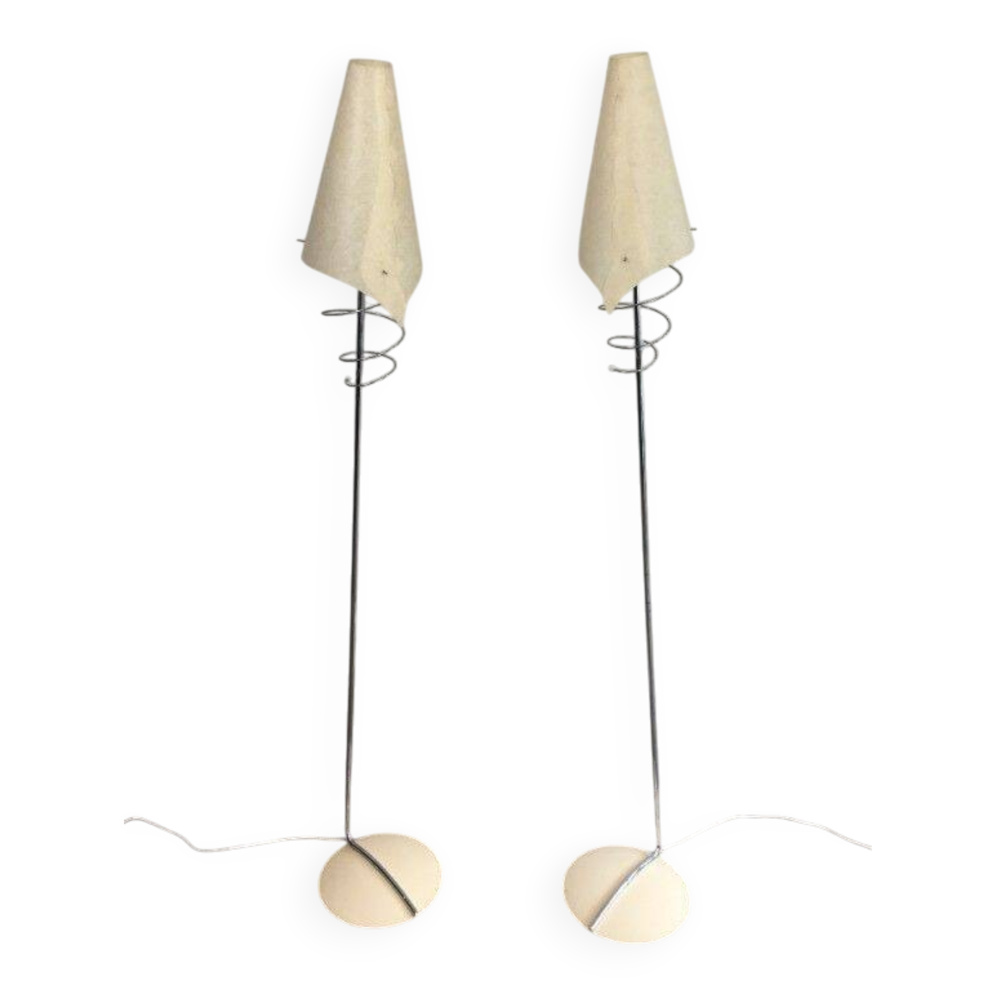 Pair of designer parquet floor lamps composed of lacquered metal and chrome bases and designer white plastic lampshades