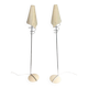 Pair of designer parquet floor lamps composed of lacquered metal and chrome bases and designer white plastic lampshades