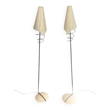 Pair of designer parquet floor lamps composed of lacquered metal and chrome bases and designer white plastic lampshades