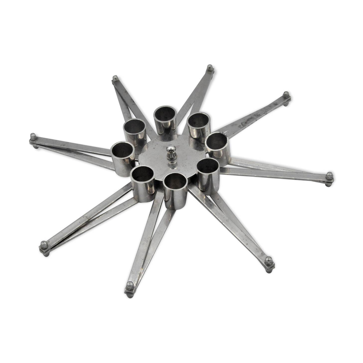 Design candle holder in silver metal, with 8 candles, modular spider