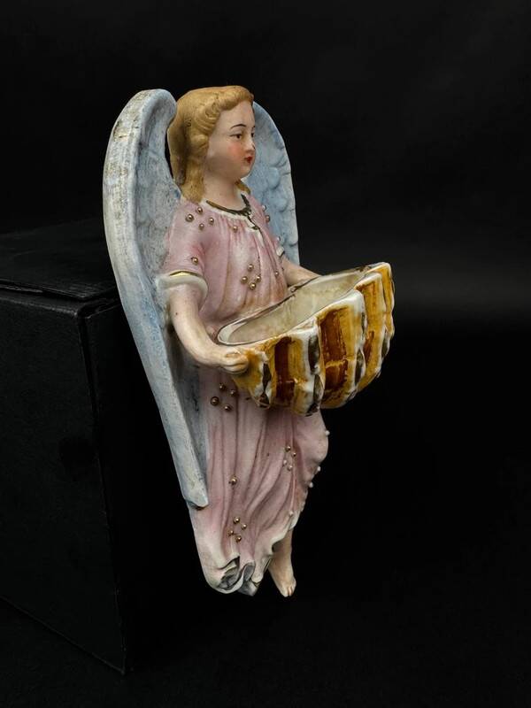 19th century polychrome plaster angel wall stoup