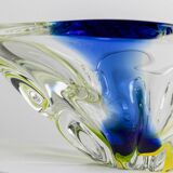 Large Murano Glass Bowl in Clear with Blue & Yellow Swirls – Oval Vintage Italian Design (1970s)