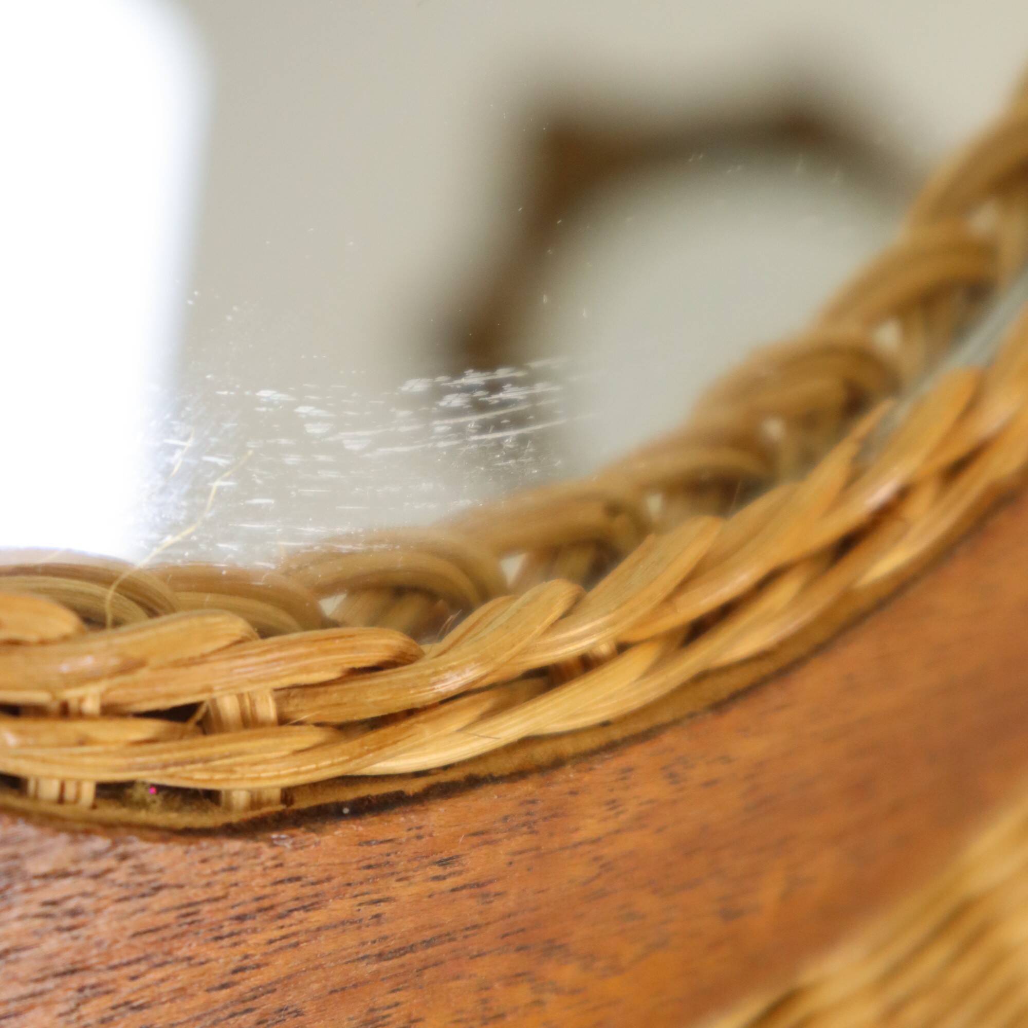 Oval Vintage Mirror Rattan and Teak Boho Style Fifties 51cm