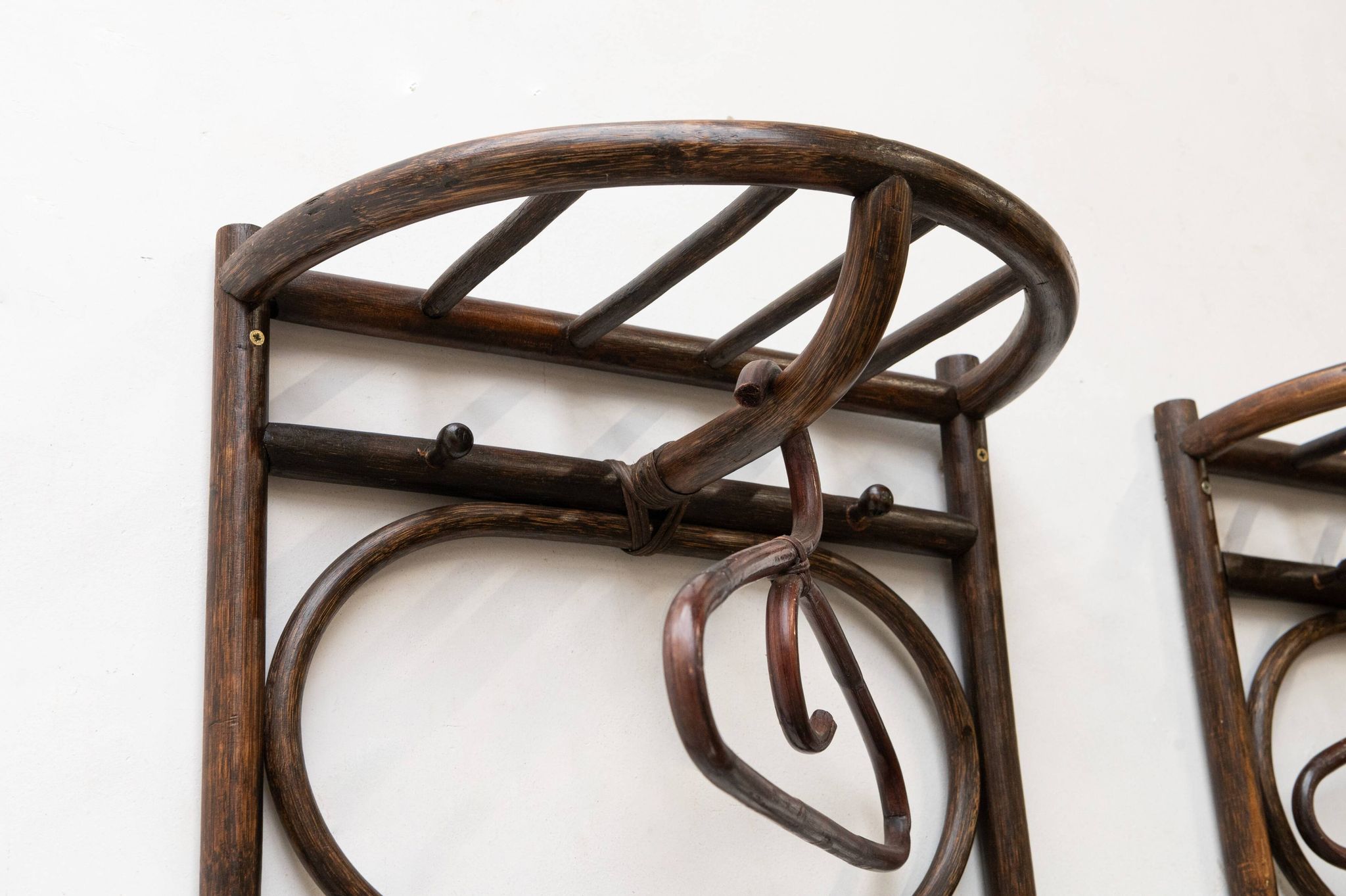 Set of two vintage coat racks in bamboo and rattan