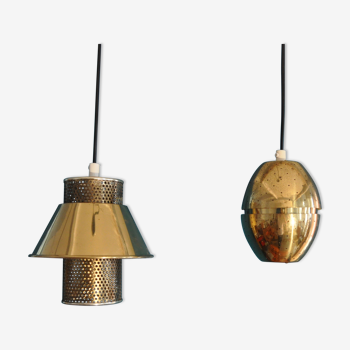 Pair of hanging lamps brass perforated Hans - Agne Jakobsson, 1960