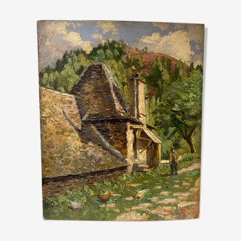 Tableau ancien, paysage de ferme dans le Cantal signé Stephane Lamarche circa 1950
