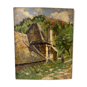 Old painting, farm landscape in Cantal signed Stephane Lamarche circa 1950