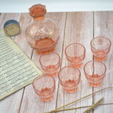 Vintage pink decanter with its 6 glasses