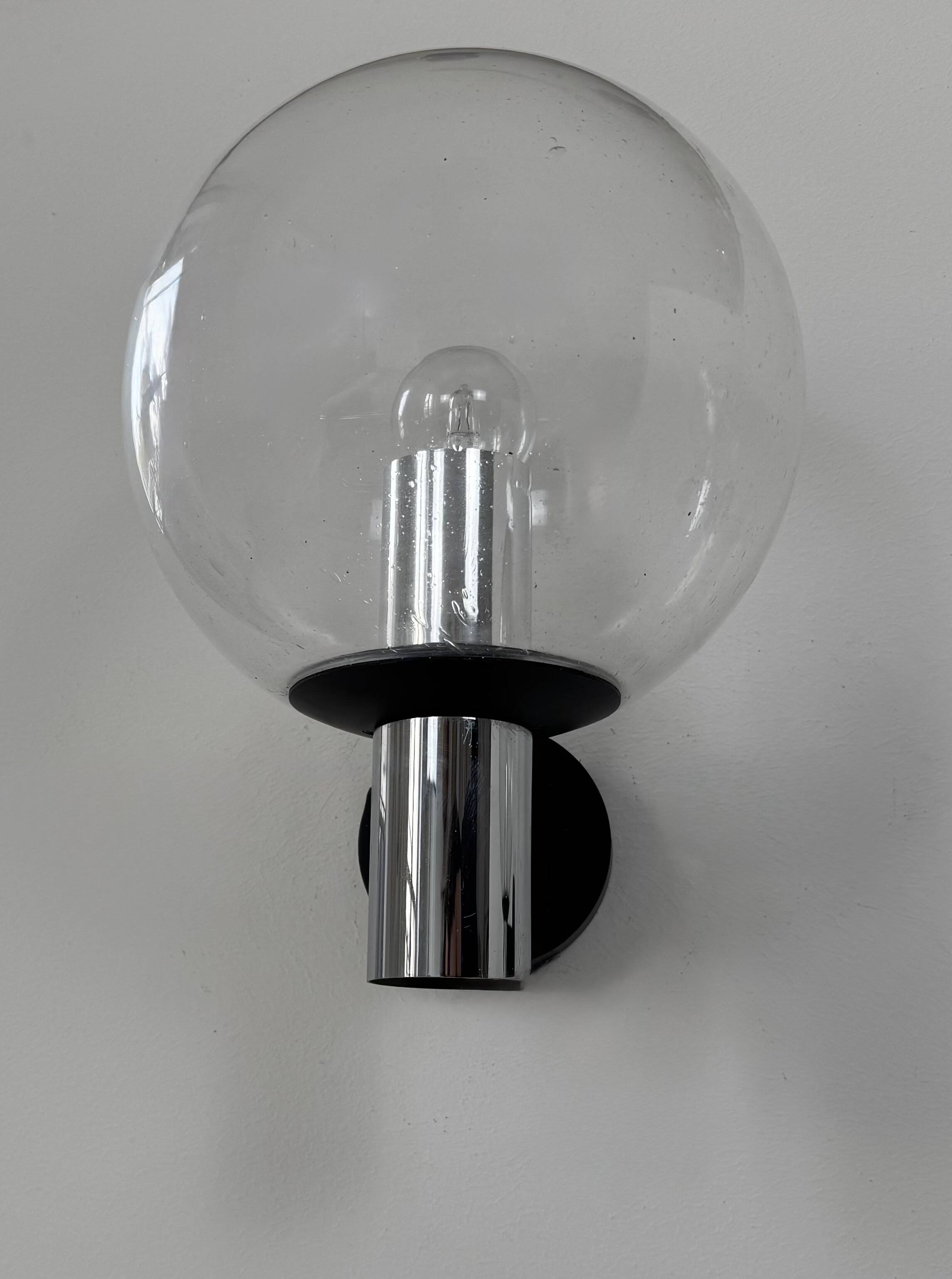 Pair of vintage XL wall lights, chrome metal and bubble glass, France, 1970.