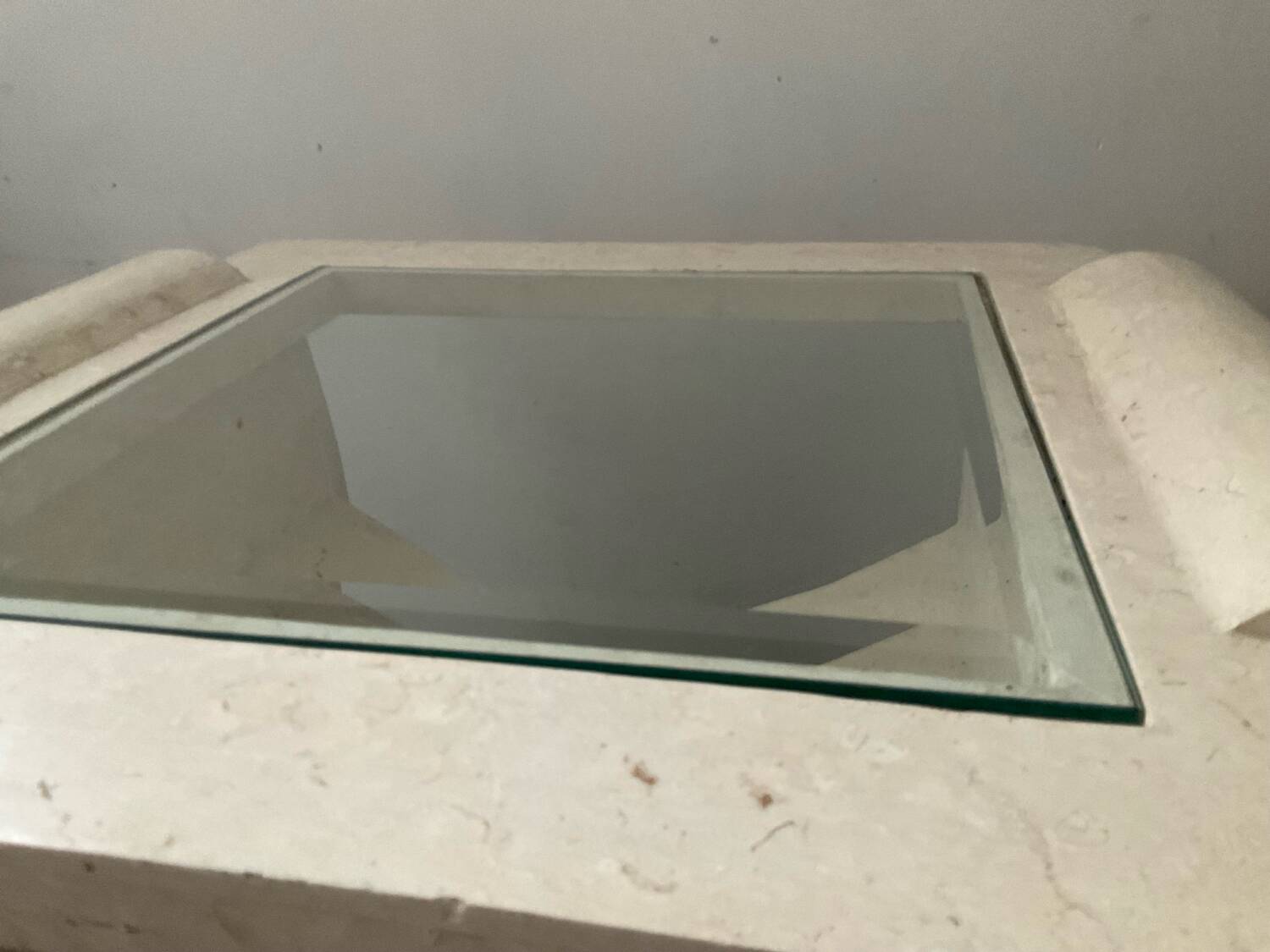 Vintage travertine and beveled glass coffee table