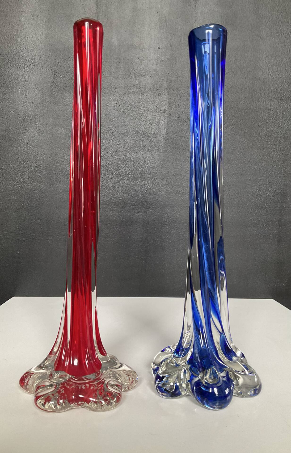 Pair of vintage Muarno glass paste soliflore vases