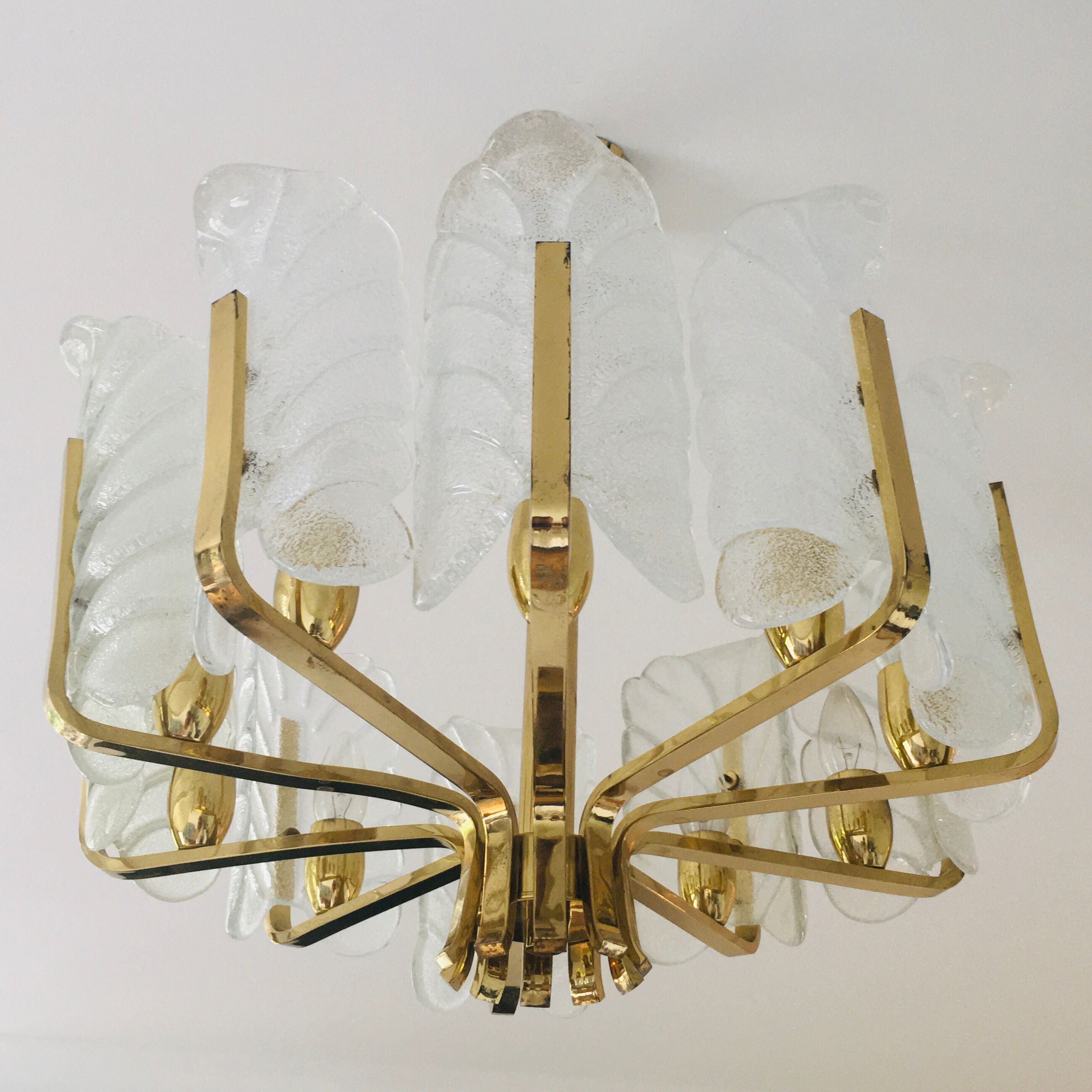 Scandinavian Brass Chandelier with 10 Glass Leaves by Carl Fagerlund for Orrefors, Sweden, 1960s