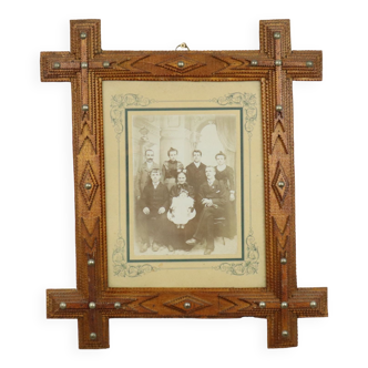 Large Tramp Art Frame Frame Wood Metal Studs Early 20th Century France
