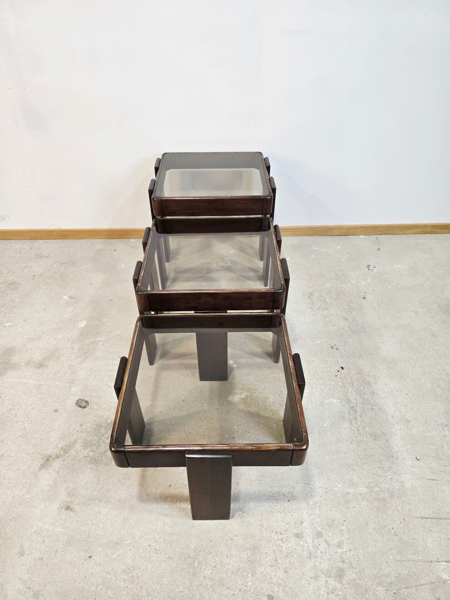 1970s Meblo Frattini Nesting Tables with Smoked Glass
