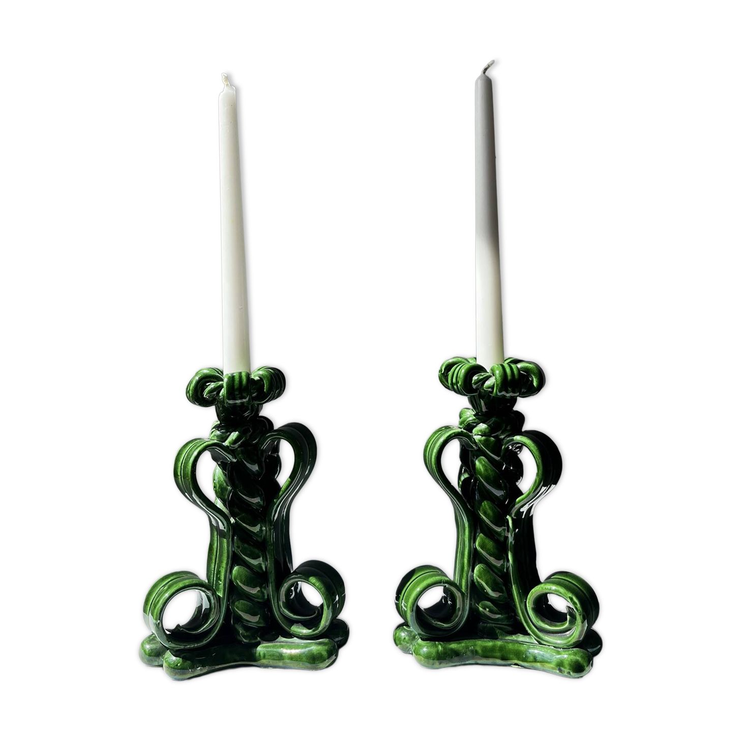 Lot bougeoirs tressés en céramique vert Vallauris