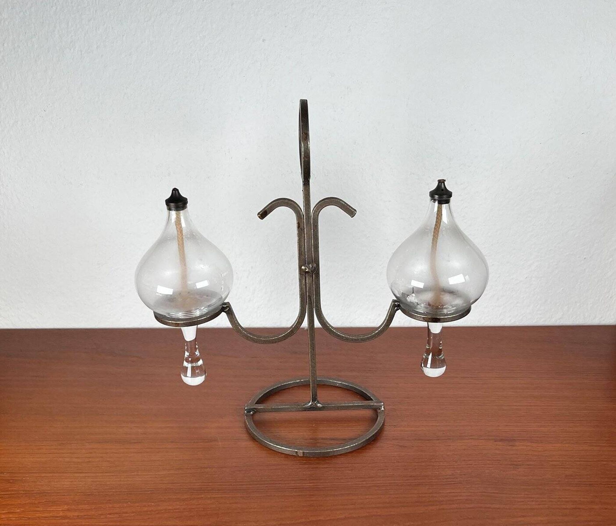 Mid-century Danish wrought iron and glass table oil lamp, 1960s.