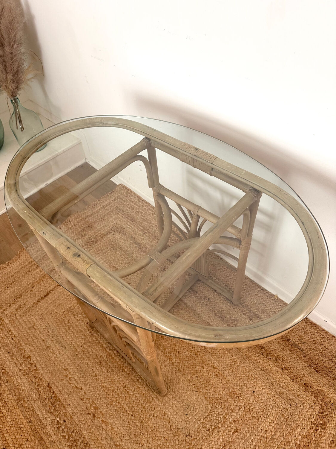 Small oval dining table in rattan "Double Gerbe" – Duo Rivie format