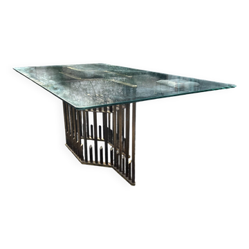 Table à manger rectangulaire en verre, piètement laiton, années 1970