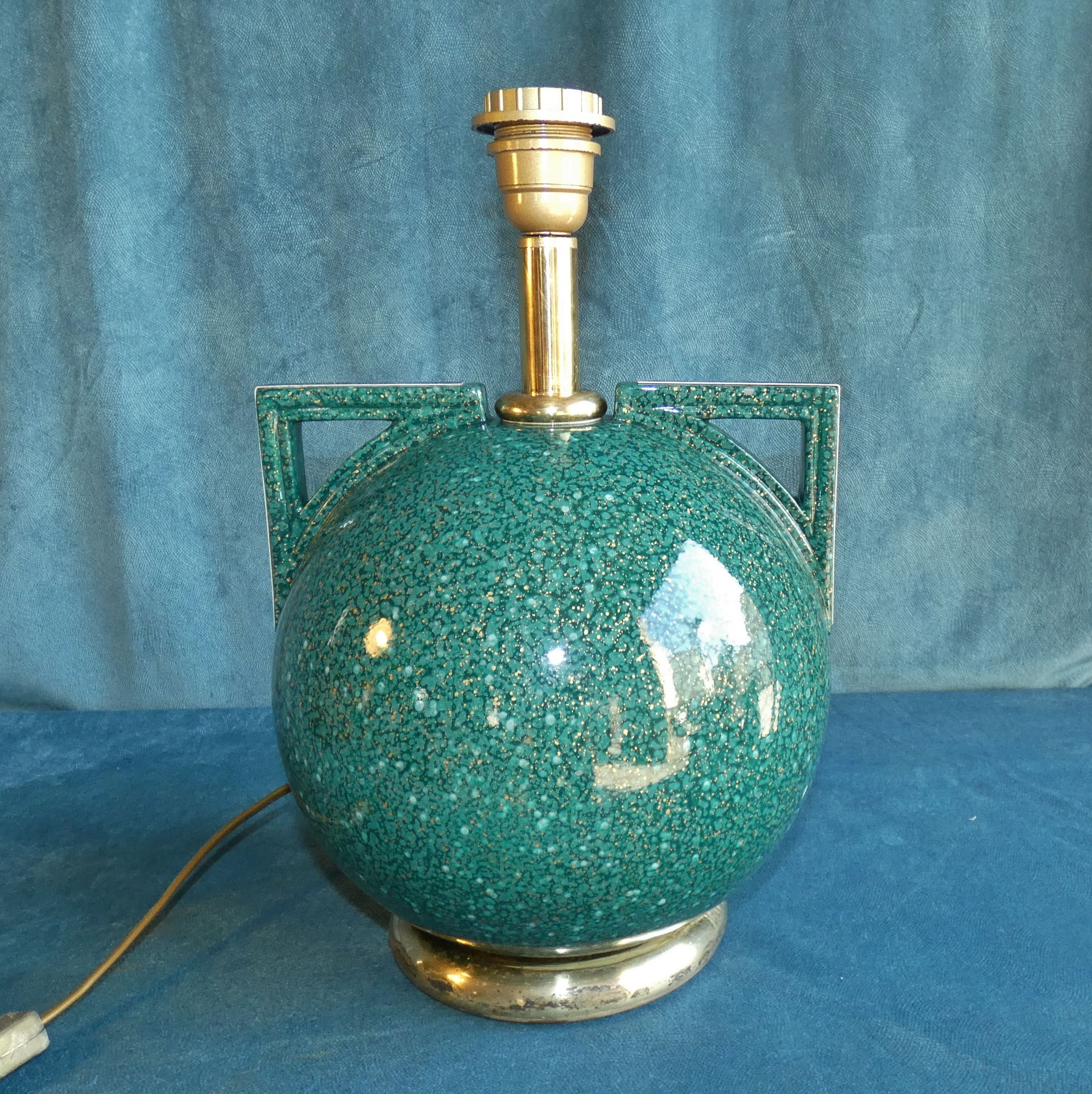 Lamp ball in ceramic green gold style art deco french work circa 1980
