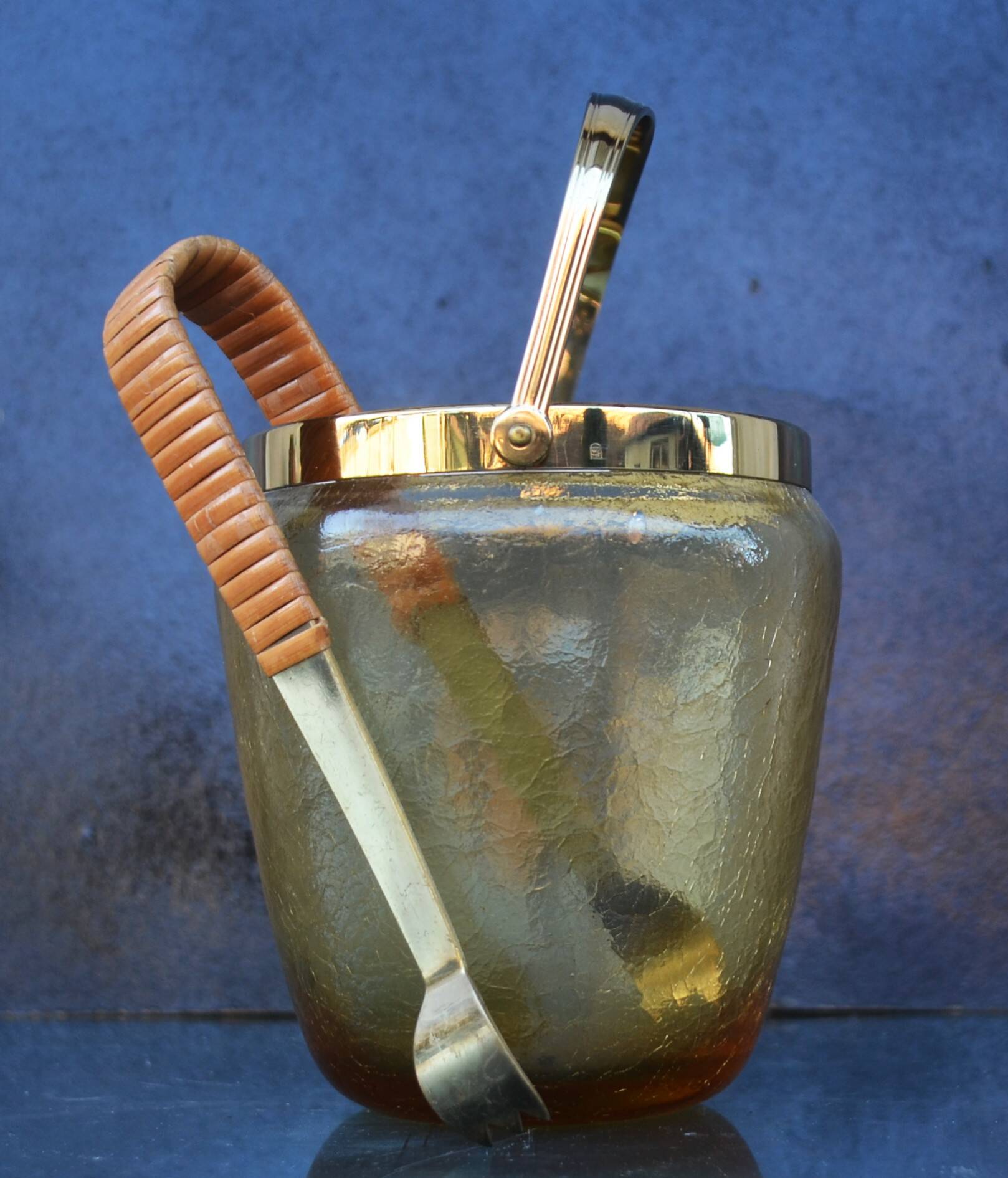 Mid Century Crackle Amber Glass Ice Bucket WMF With Ratan Handle