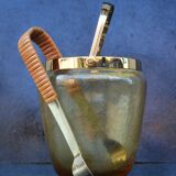 Seau à glace en verre ambré craquelé du milieu du siècle WMF avec poignée en rotin