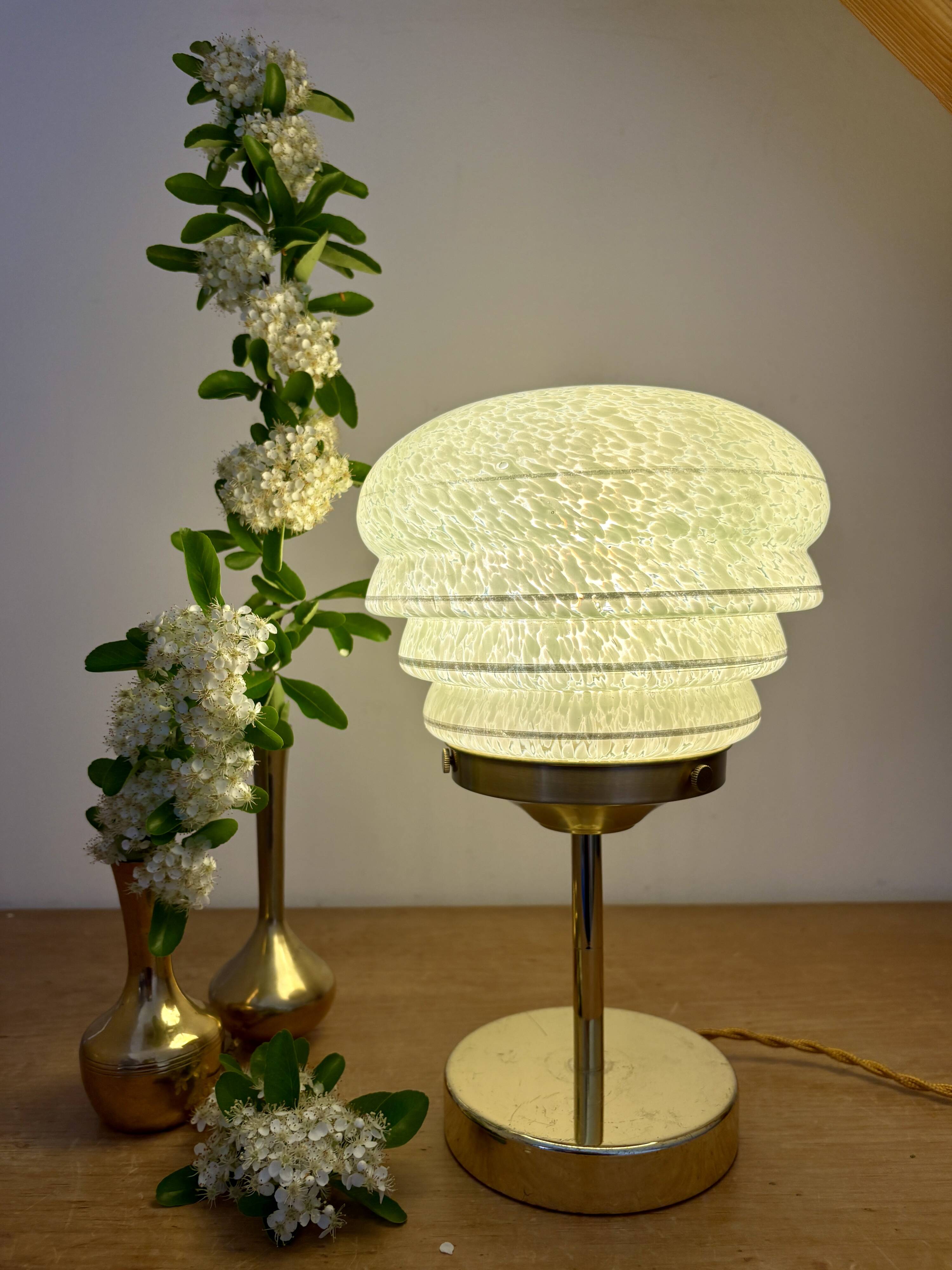 Vintage art deco globe table lamp in green and gold Clichy glass