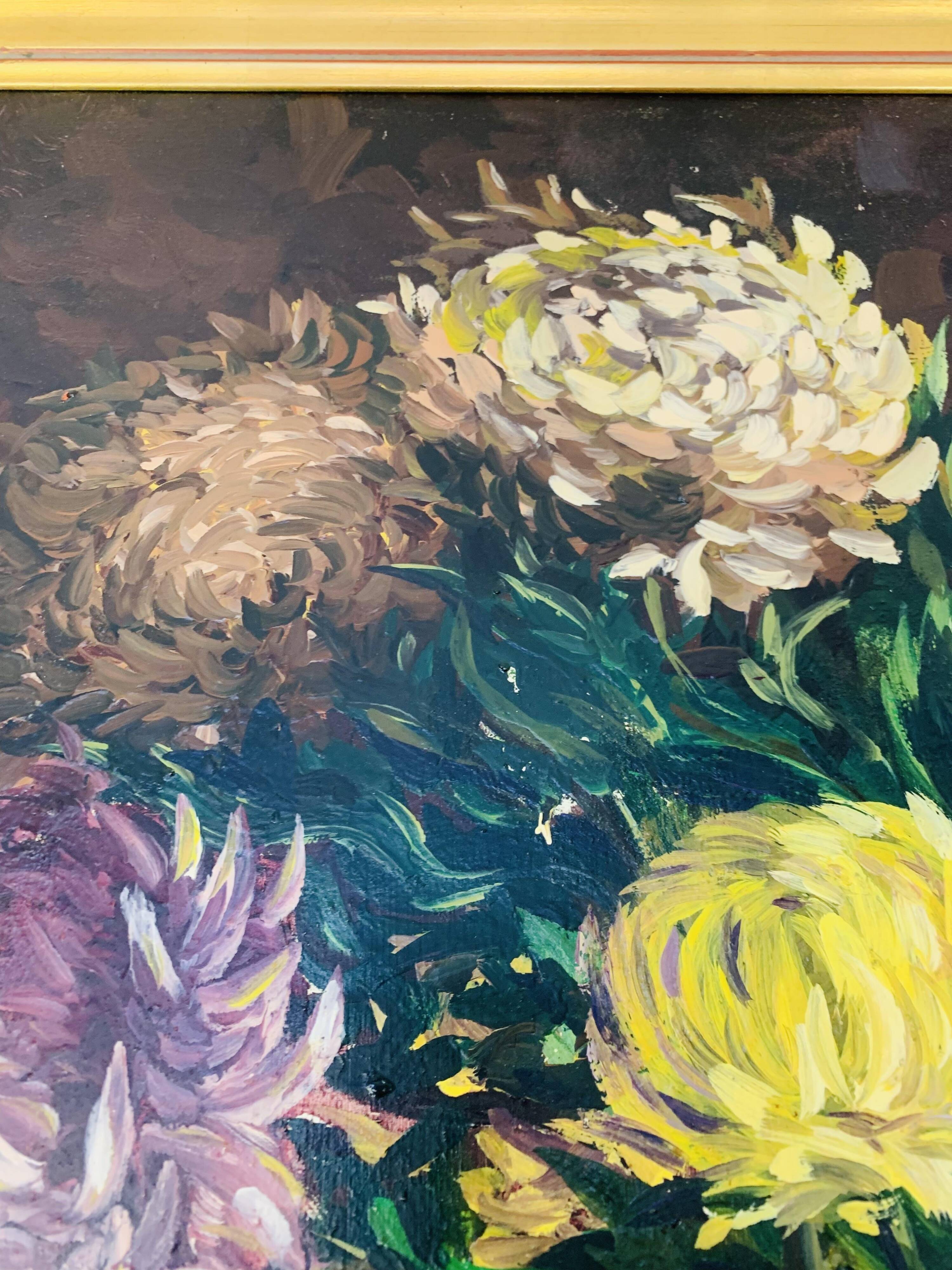 Still life painting of a bouquet of flowers, golden frame