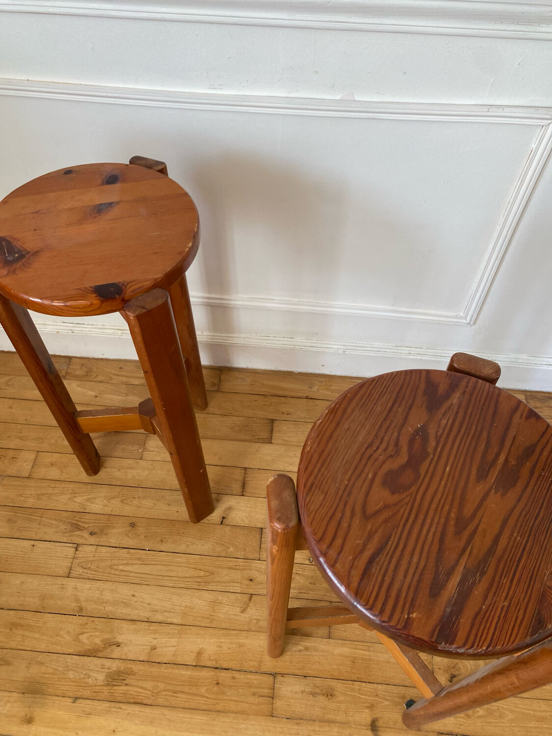 Pair of vintage pine top stools