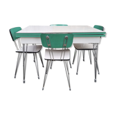 Ensemble table, chaises pieds eiffel blanc cassé et vert, SIF, vintage, années 70