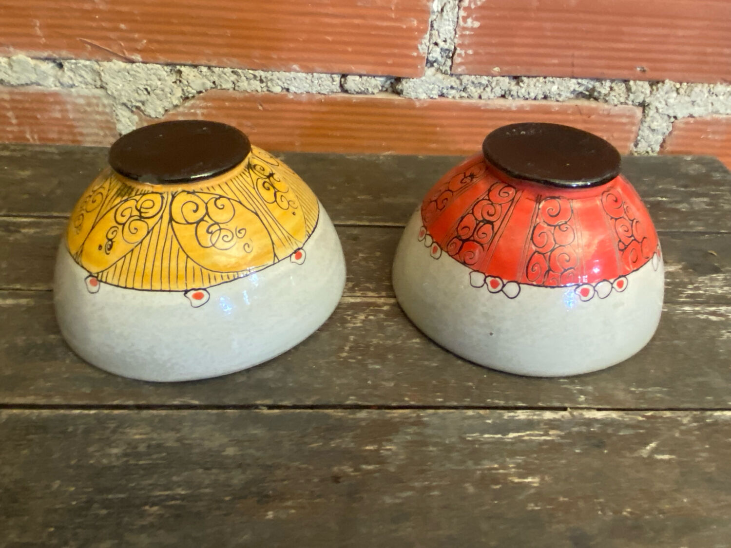 Pair of Antique Bowls Pottery Arlequin Rustrel Chiseled Ceramic + Enamel
