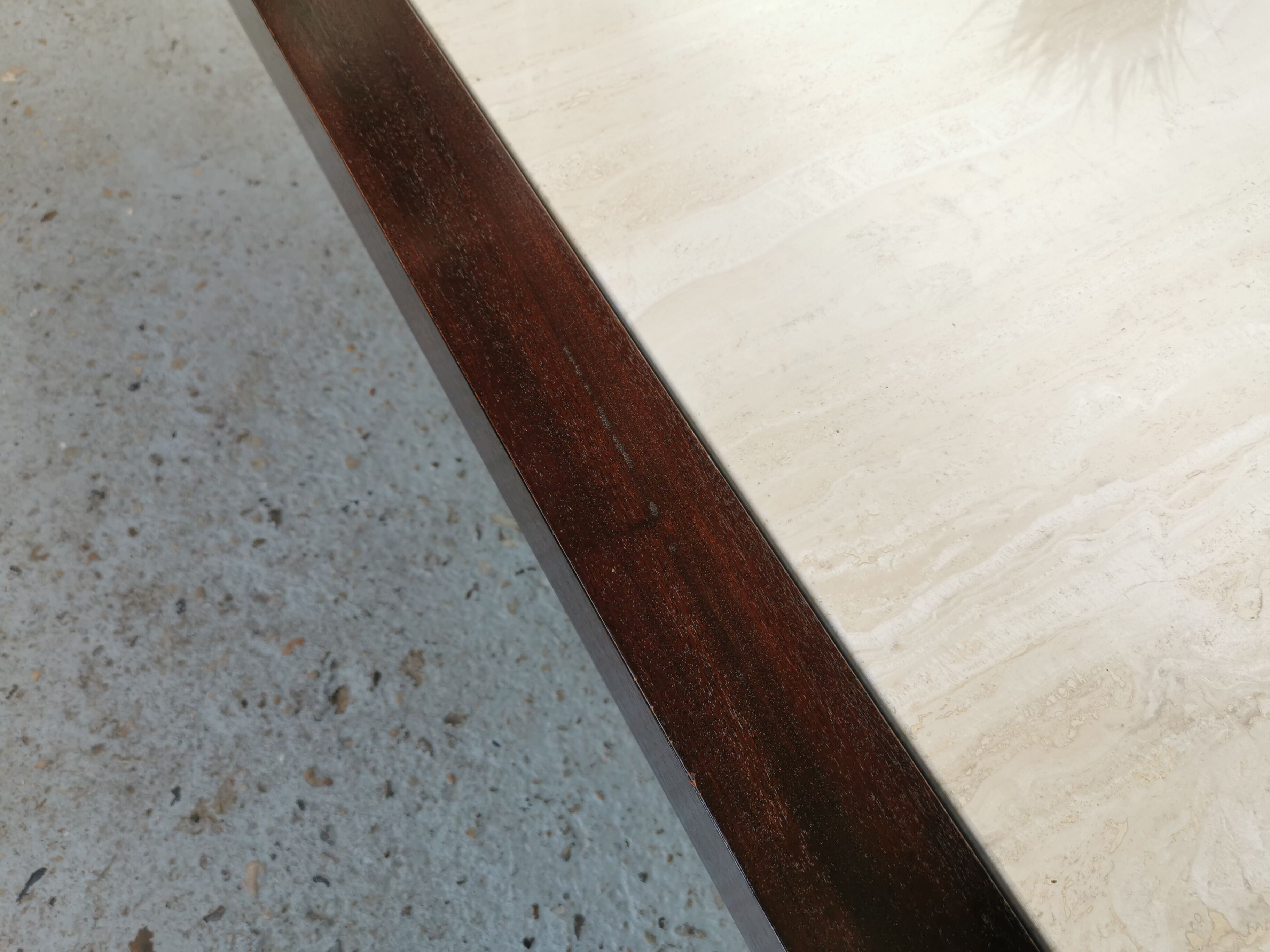 Table basse vintage travertin et bois design 1970