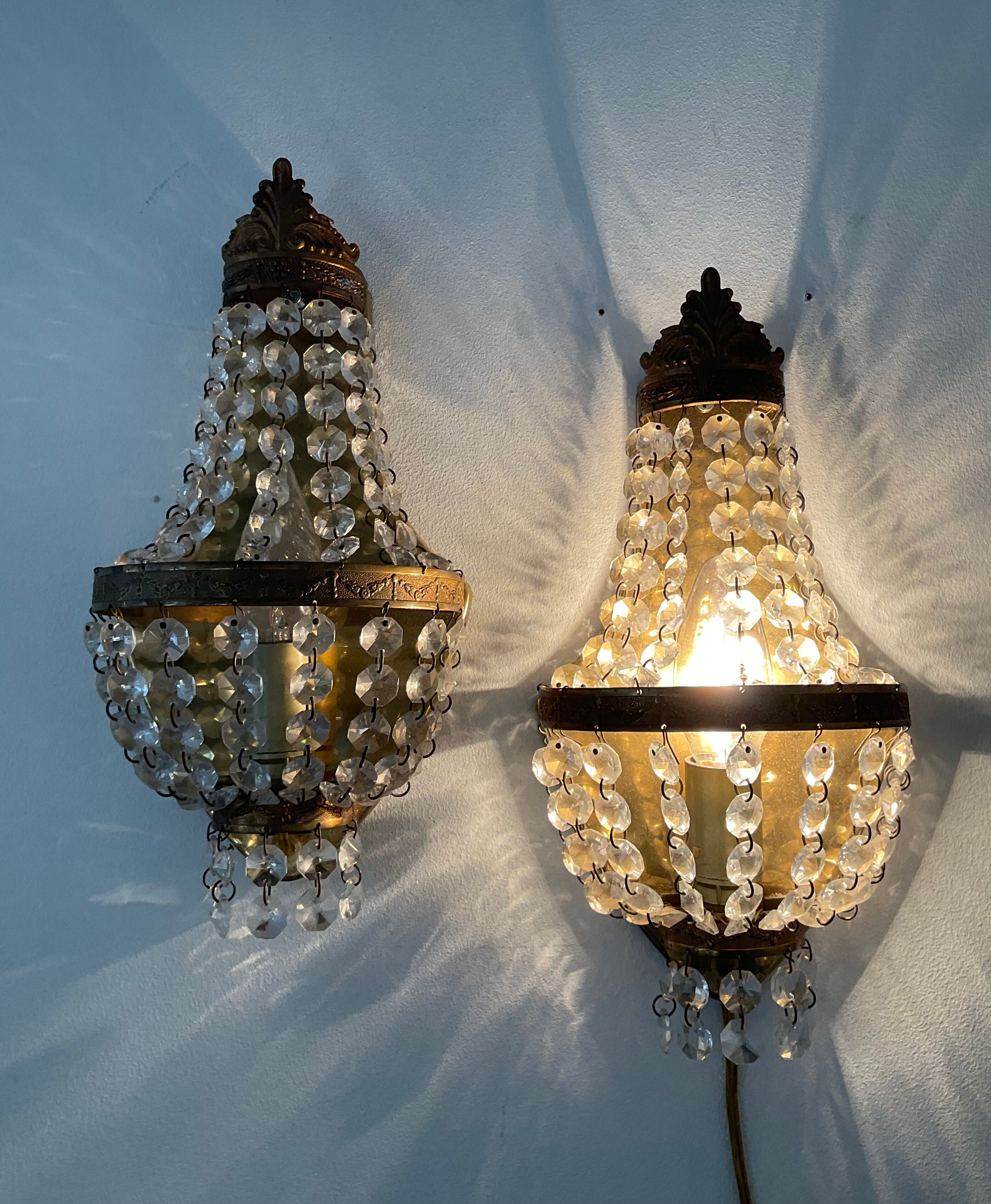 Pair of hot air balloon wall lamps with crystal and brass grapevines