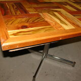 Square table in solid wood mosaic and foot chrome around 1970