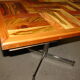 Square table in solid wood mosaic with chrome base, circa 1970