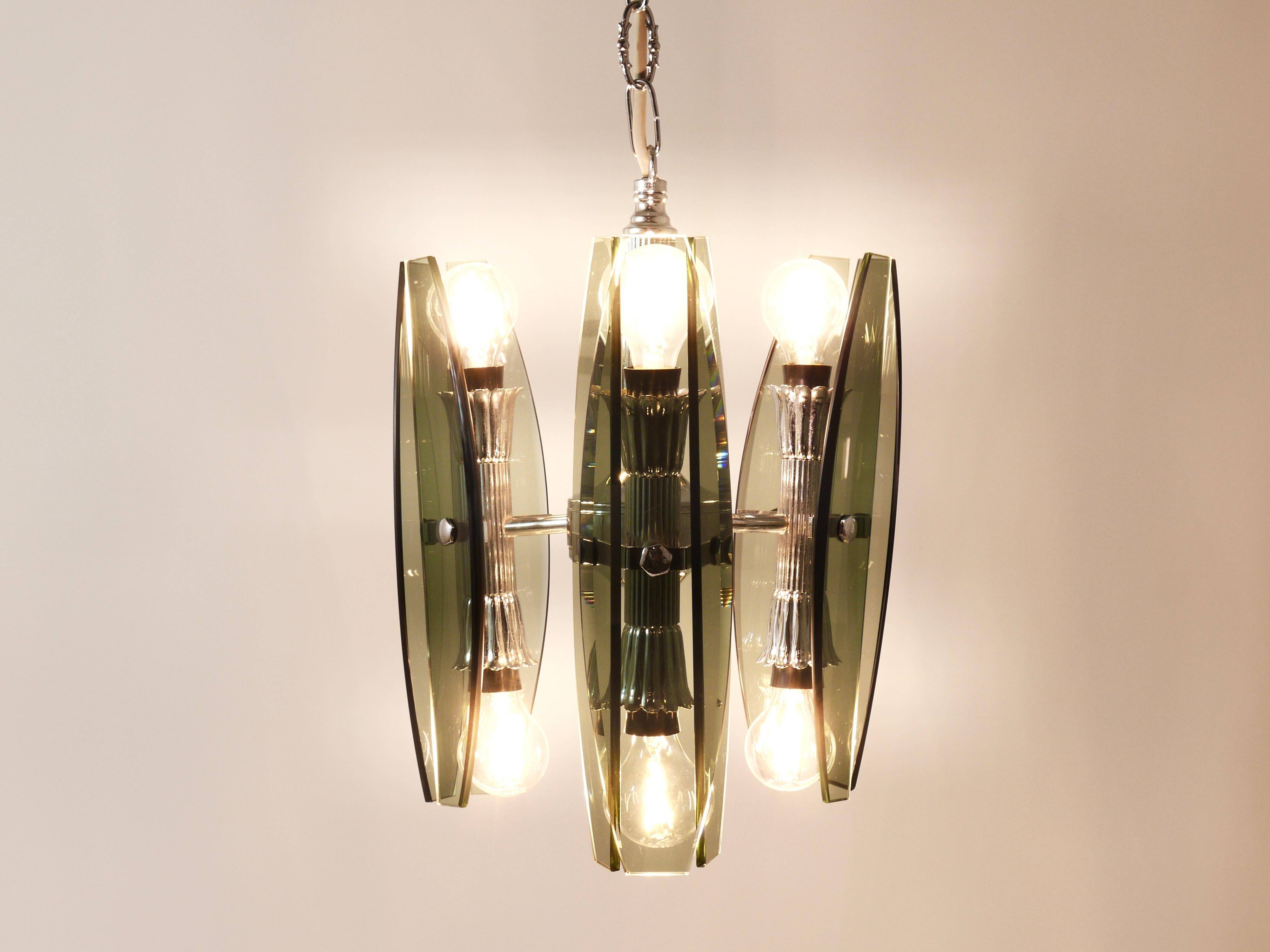 Glass and chrome suspension light in Fontana Arte style by Veca Murano, Italy.