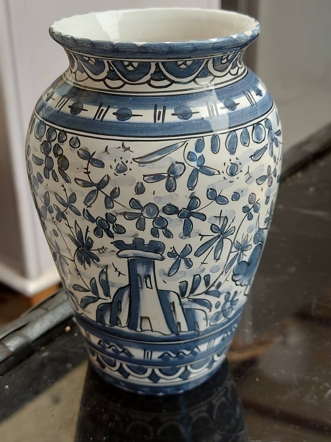 Handmade blue deco earthenware vase signed from Portugal