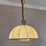 Large leather, vellum and brass Italian cocoon chandelier, Italy 1950s