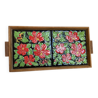Ceramic tray with hibiscus flowers and butterflies