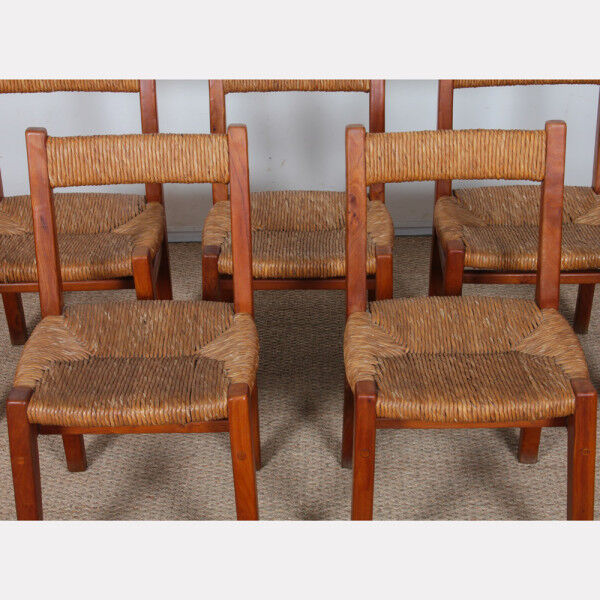 Suite de 6 chaises paillées en orme massif, travail français, 1950