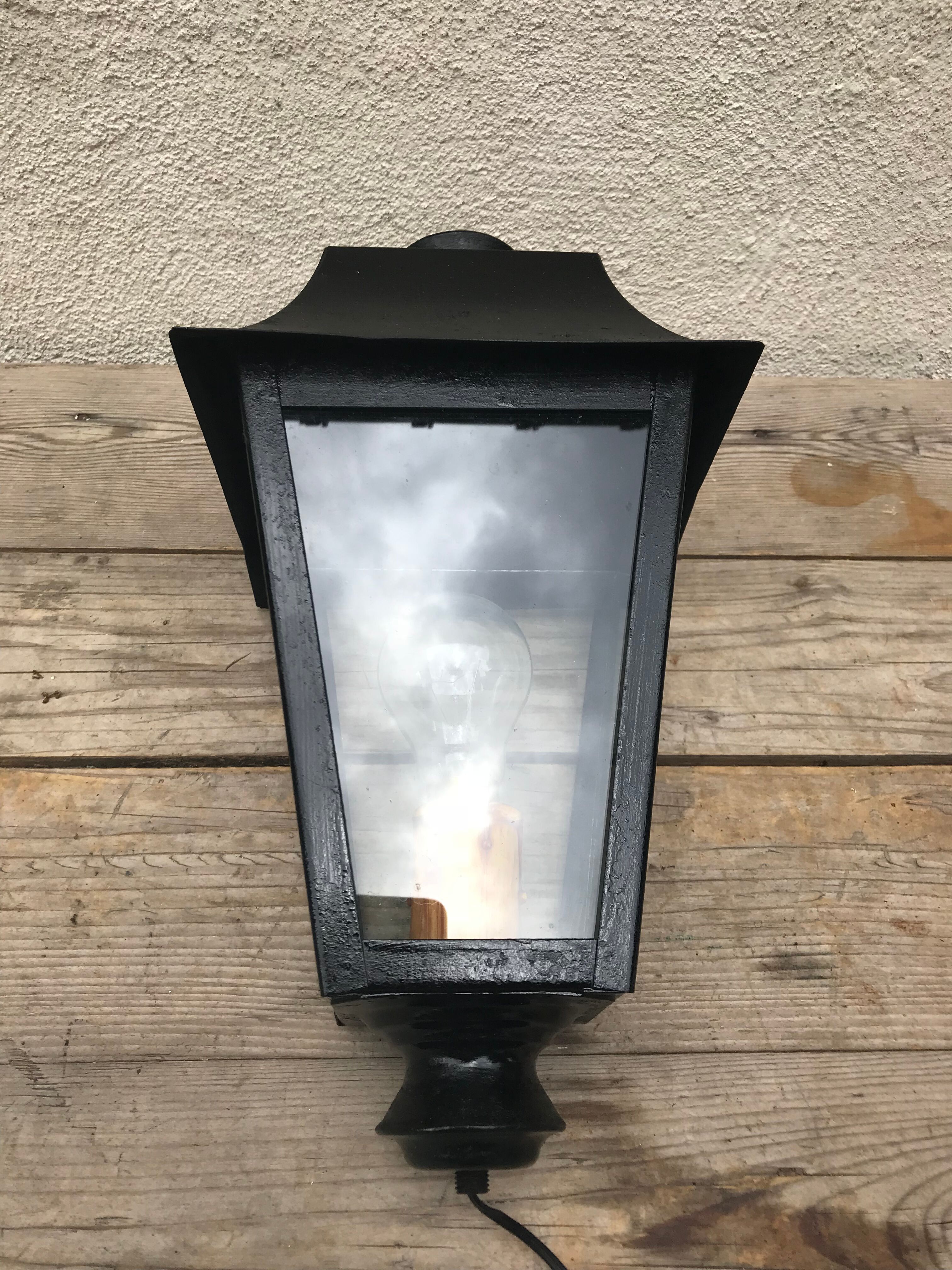 Lampadaire ancien lanterne métal noir + plaques verre années 70 vintage