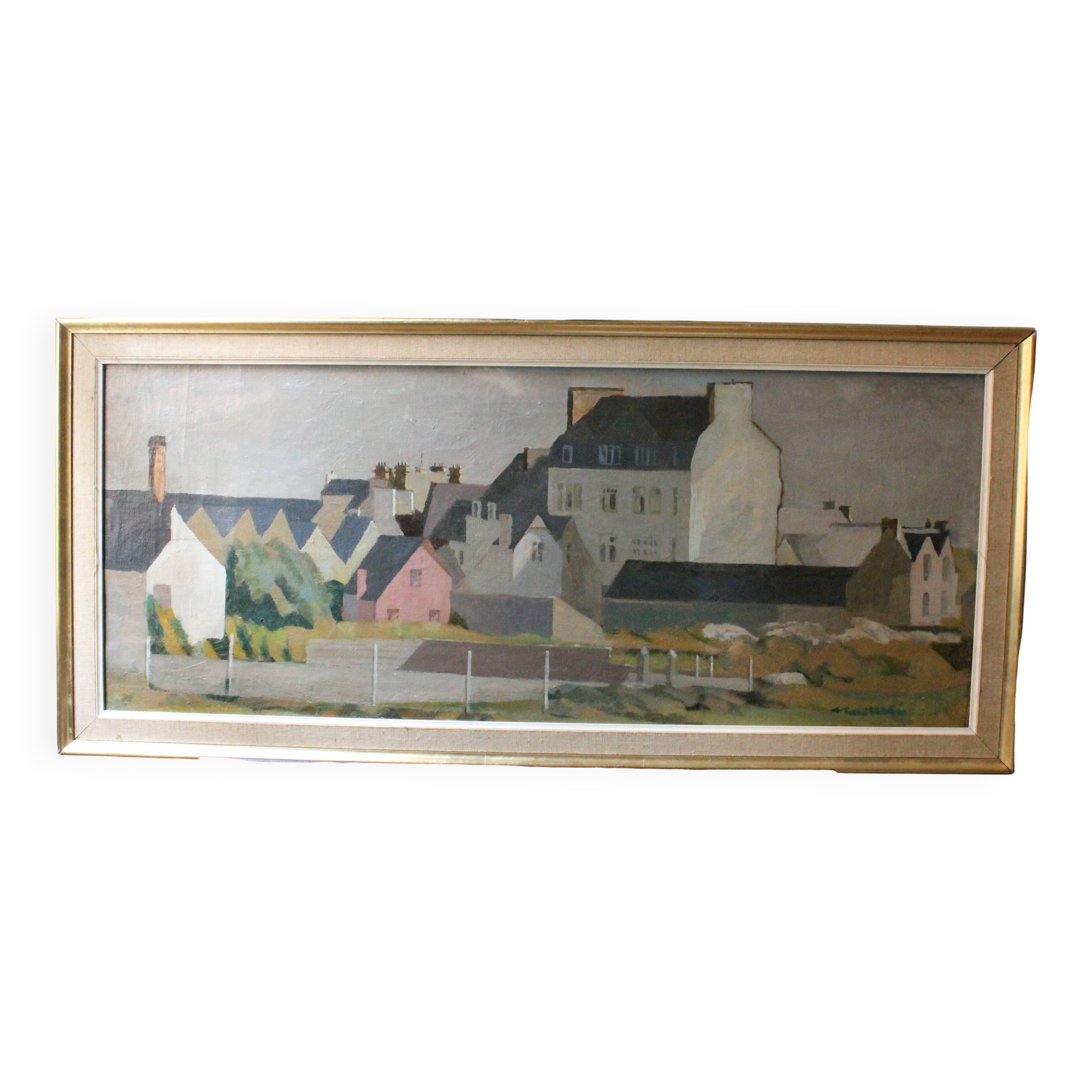 Painting "The roofs of Lesconil in Brittany" French school 20th century