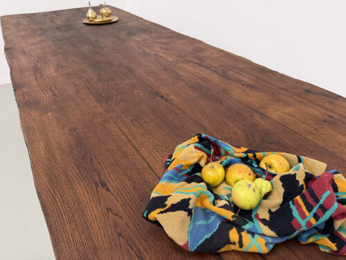 Brutalist farmhouse table in solid oak, 270 cm, 1920s.