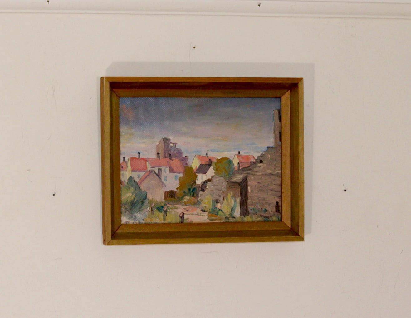 Huile sur panneau suédoise originale du milieu du siècle « Visby City » par ER.OLSSON